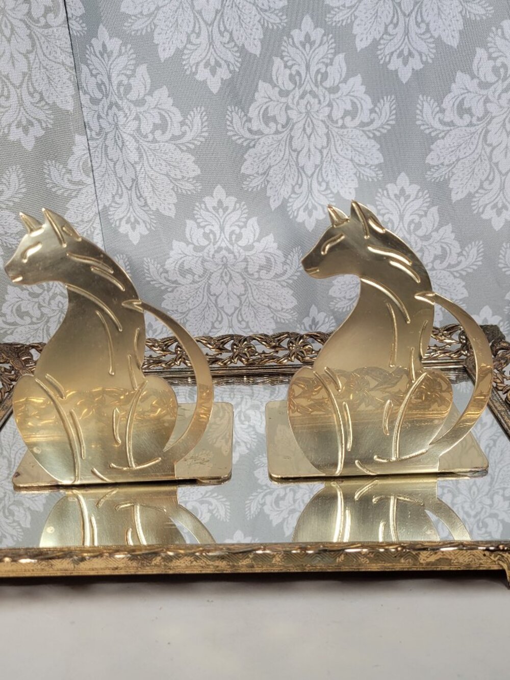 Vintage Brass Cat Bookends - Set of 2